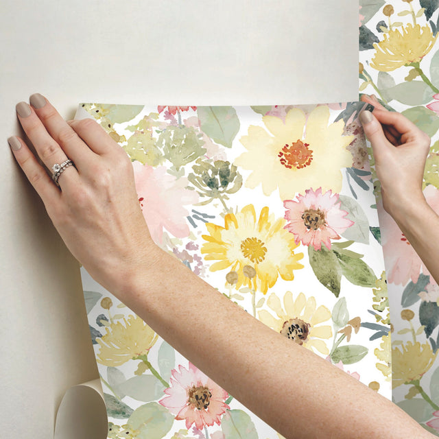 Southern Charm Yellow Peel & Stick Wallpaper with Botanical Watercolor Floral - York RMK12630RL