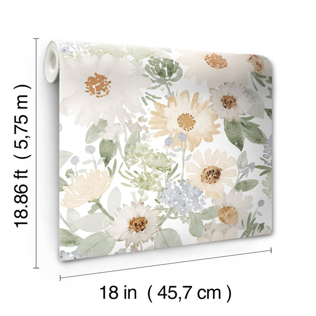Southern Charm Sage Peel & Stick Wallpaper with Botanical Watercolor Floral - York RMK12632RL