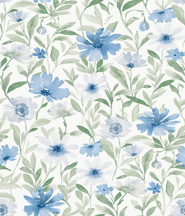 Flower Market Blue Peel & Stick Wallpaper with Botanical Watercolor Floral - York RMK12634PL