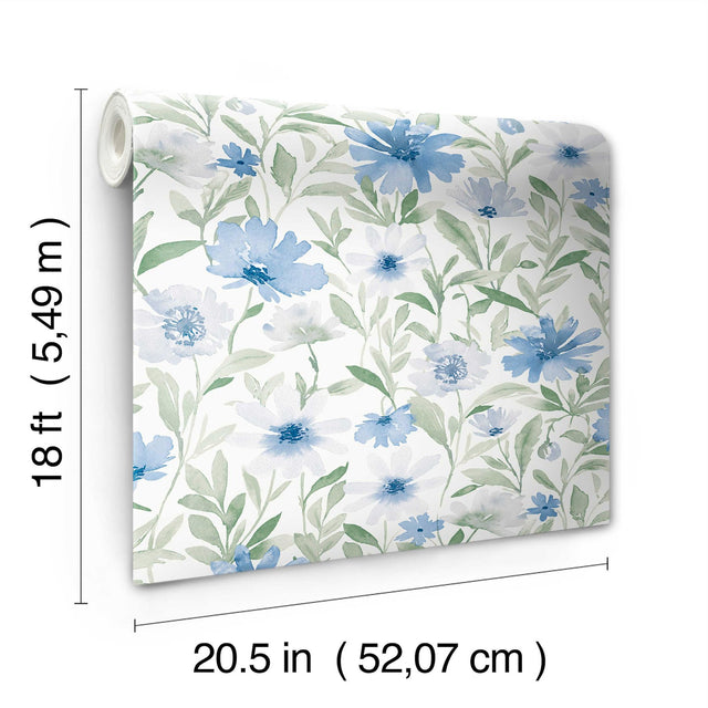 Flower Market Blue Peel & Stick Wallpaper with Botanical Watercolor Floral - York RMK12634PL