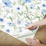 Flower Market Blue Peel & Stick Wallpaper with Botanical Watercolor Floral - York RMK12634PL