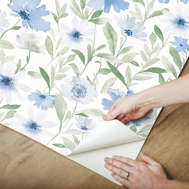 Flower Market Blue Peel & Stick Wallpaper with Botanical Watercolor Floral - York RMK12634PL