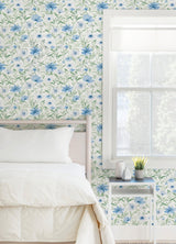 Flower Market Blue Peel & Stick Wallpaper with Botanical Watercolor Floral - York RMK12634PL