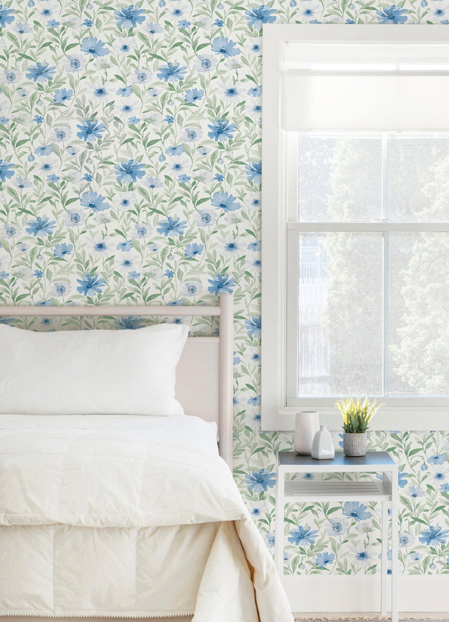 Flower Market Blue Peel & Stick Wallpaper with Botanical Watercolor Floral - York RMK12634PL