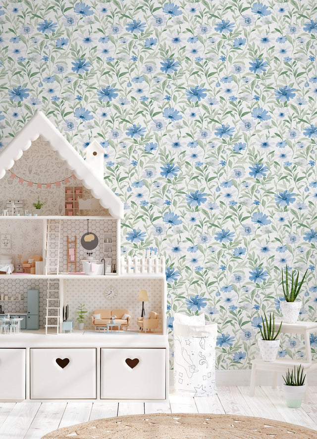 Flower Market Blue Peel & Stick Wallpaper with Botanical Watercolor Floral - York RMK12634PL