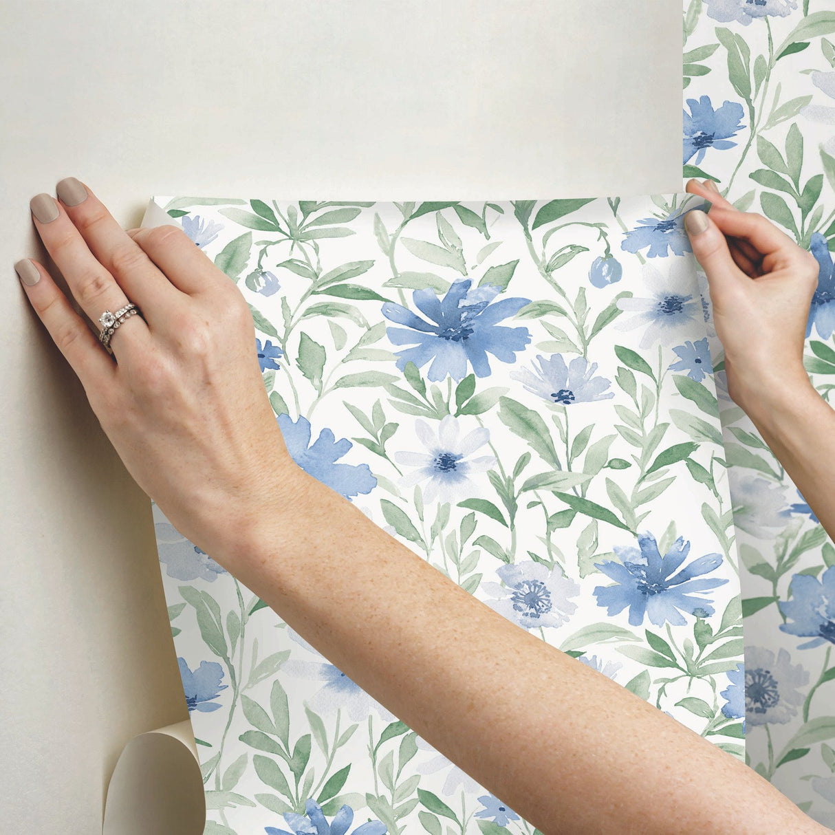 Flower Market Blue Peel & Stick Wallpaper with Botanical Watercolor Floral - York RMK12634PL