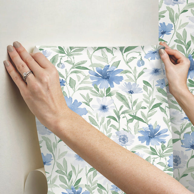 Flower Market Blue Peel & Stick Wallpaper with Botanical Watercolor Floral - York RMK12634PL