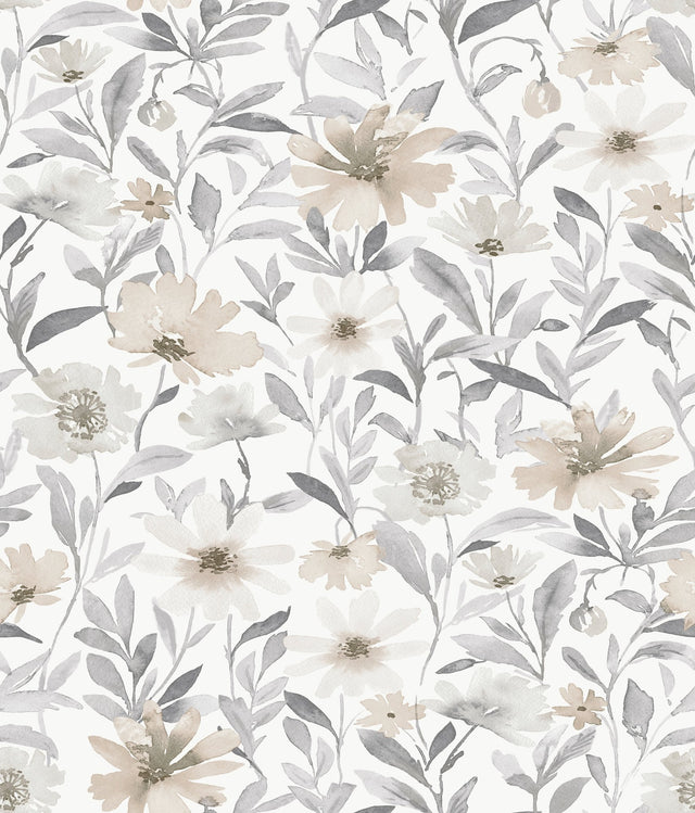 Flower Market Neutral Peel & Stick Wallpaper with Watercolor Floral Pattern - York RMK12635PL