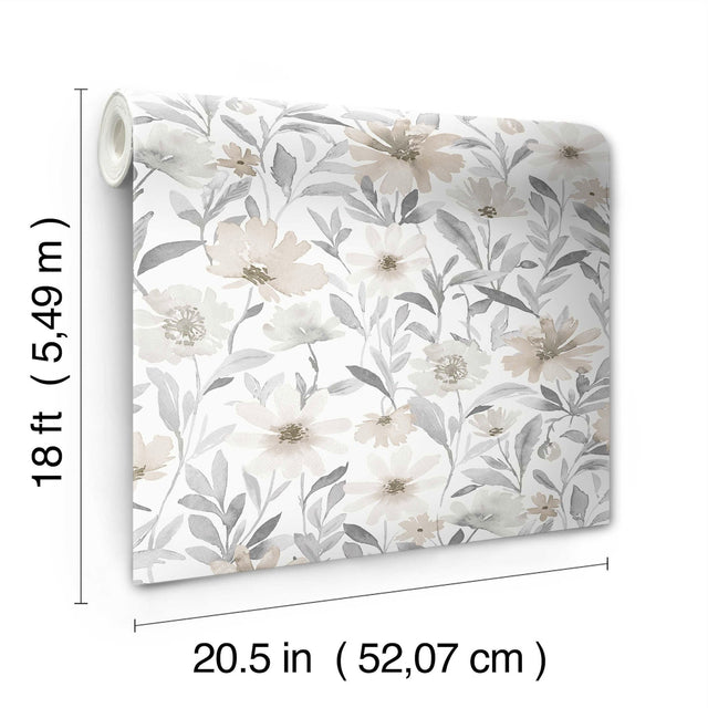 Flower Market Neutral Peel & Stick Wallpaper with Watercolor Floral Pattern - York RMK12635PL