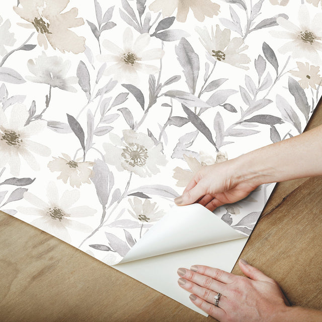 Flower Market Neutral Peel & Stick Wallpaper with Watercolor Floral Pattern - York RMK12635PL