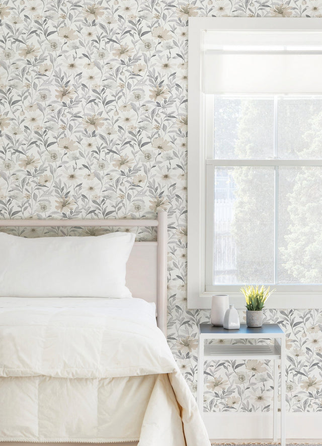 Flower Market Neutral Peel & Stick Wallpaper with Watercolor Floral Pattern - York RMK12635PL