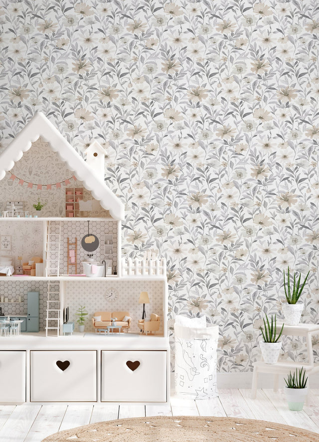 Flower Market Neutral Peel & Stick Wallpaper with Watercolor Floral Pattern - York RMK12635PL