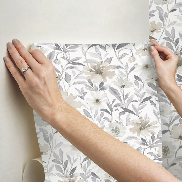 Flower Market Neutral Peel & Stick Wallpaper with Watercolor Floral Pattern - York RMK12635PL