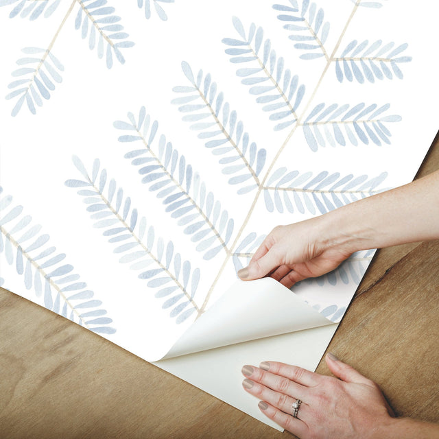 Cat Coquillette Leaflets Blue Peel & Stick Wallpaper with Modern Botanical Watercolor Leaf Pattern - York RMK12637PL