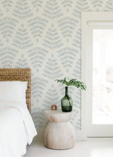 Cat Coquillette Leaflets Blue Peel & Stick Wallpaper with Modern Botanical Watercolor Leaf Pattern - York RMK12637PL