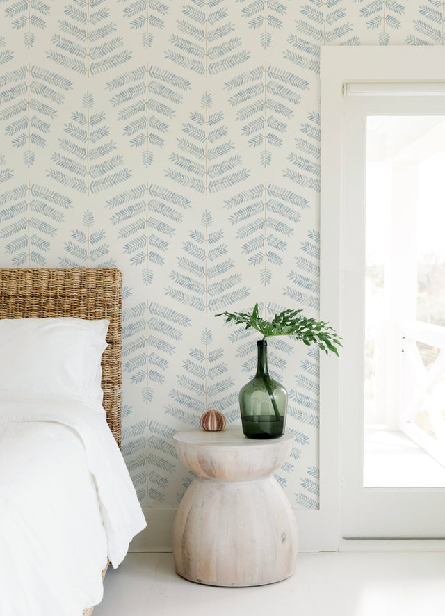 Cat Coquillette Leaflets Blue Peel & Stick Wallpaper with Modern Botanical Watercolor Leaf Pattern - York RMK12637PL