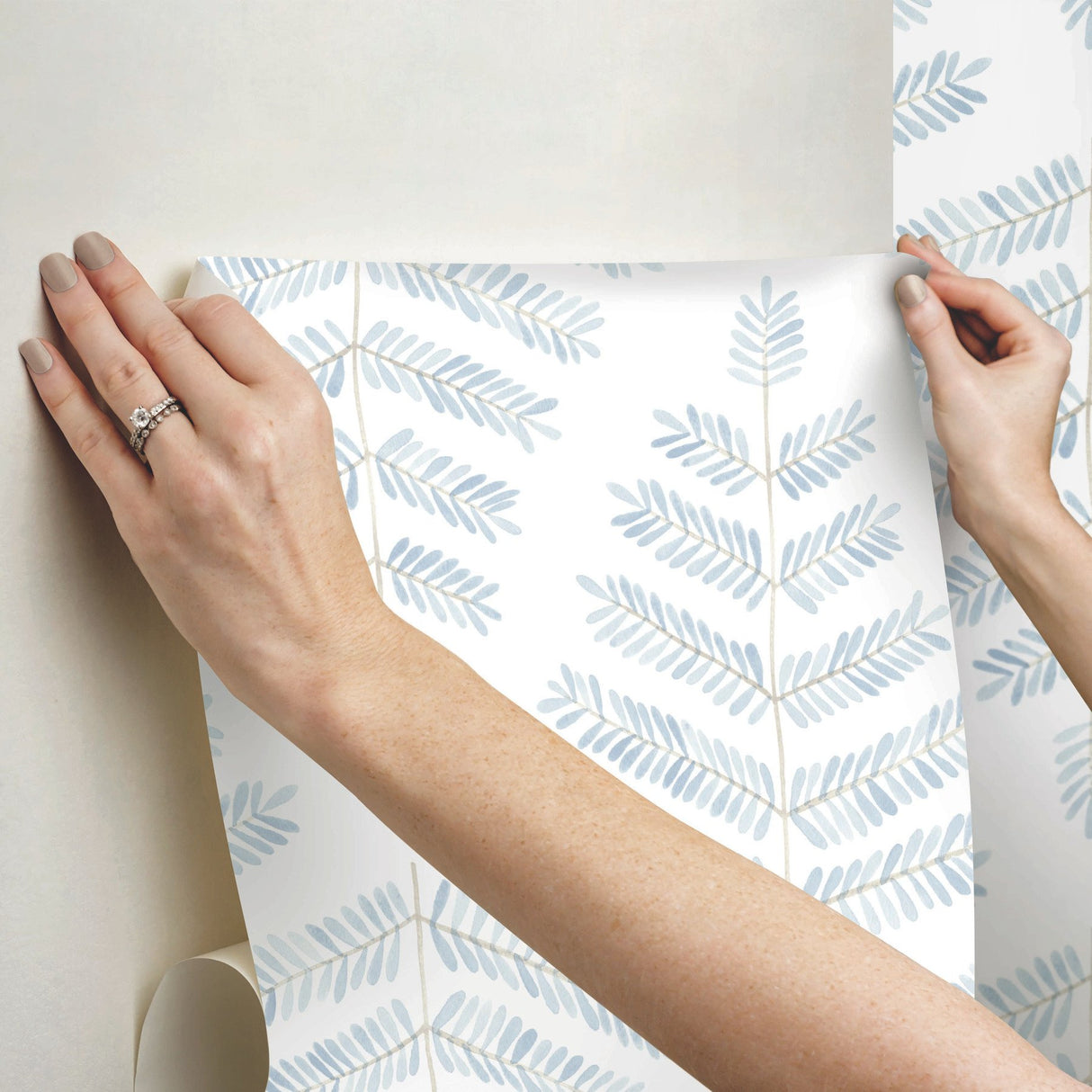 Cat Coquillette Leaflets Blue Peel & Stick Wallpaper with Modern Botanical Watercolor Leaf Pattern - York RMK12637PL