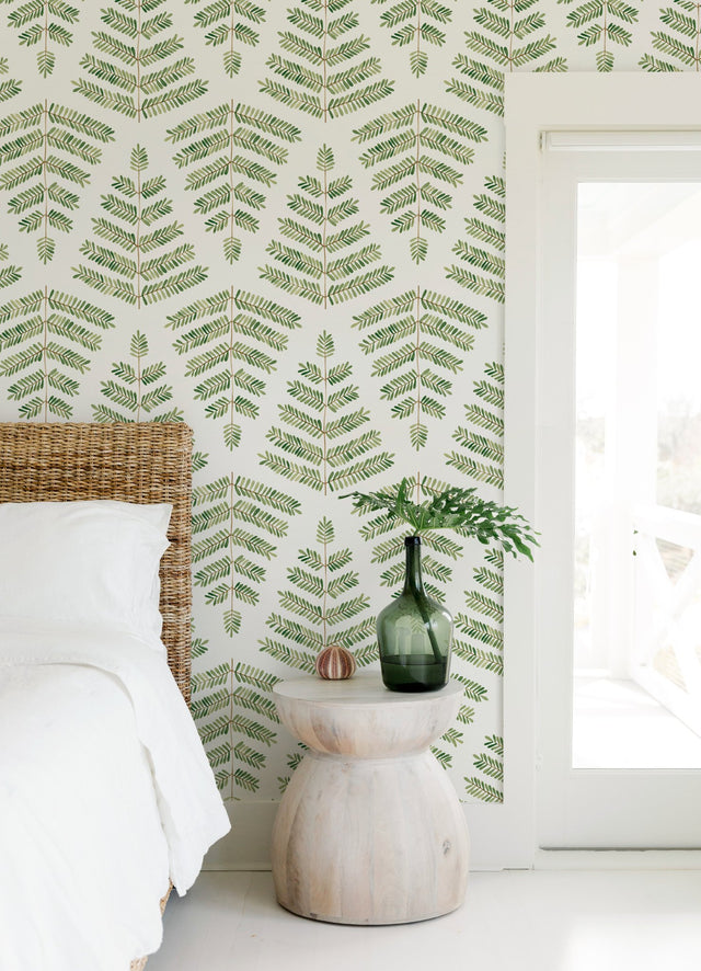 Cat Coquillette Leaflets Green Peel & Stick Wallpaper with Watercolor Botanical Leaf Pattern - York RMK12638PL