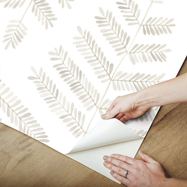 Cat Coquillette Leaflets Neutral Peel & Stick Wallpaper with Botanical Watercolor Leaf Pattern - York RMK12639PL