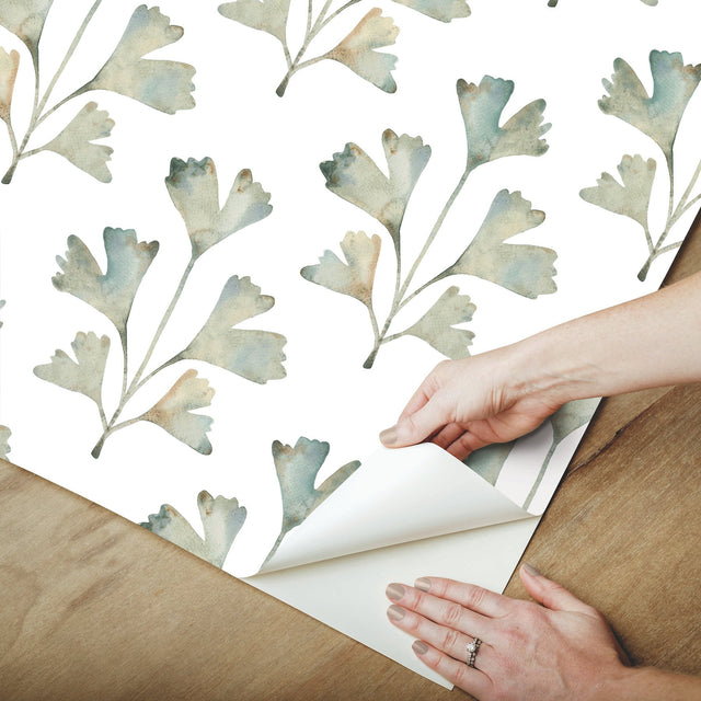 Cat Coquillette Gingko Jade Peel & Stick Wallpaper with Botanical Watercolor Leaves - York RMK12640PL