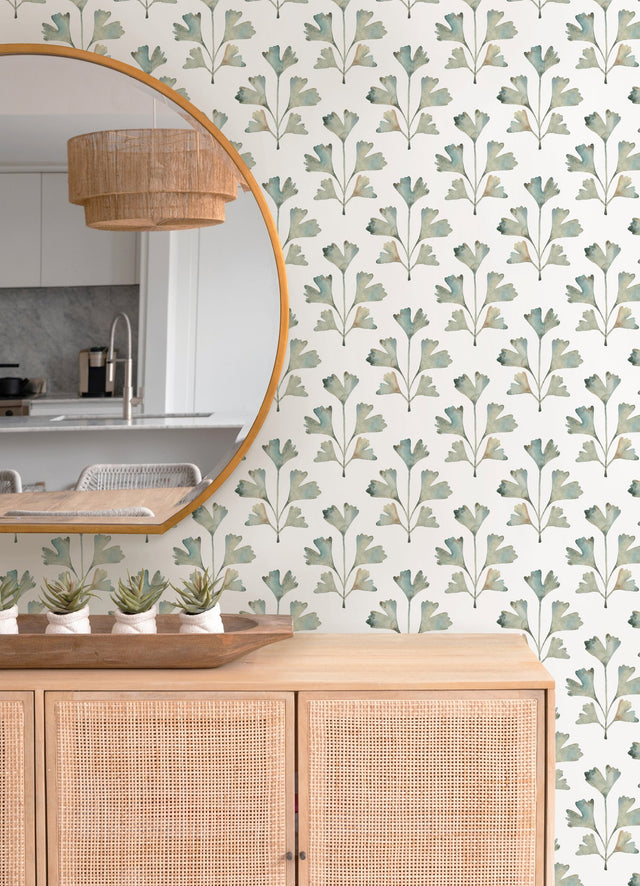 Cat Coquillette Gingko Jade Peel & Stick Wallpaper with Botanical Watercolor Leaves - York RMK12640PL