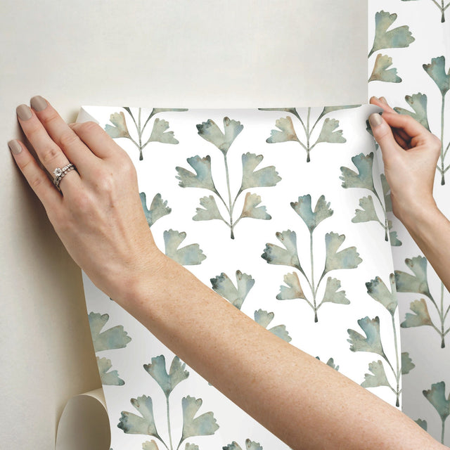 Cat Coquillette Gingko Jade Peel & Stick Wallpaper with Botanical Watercolor Leaves - York RMK12640PL