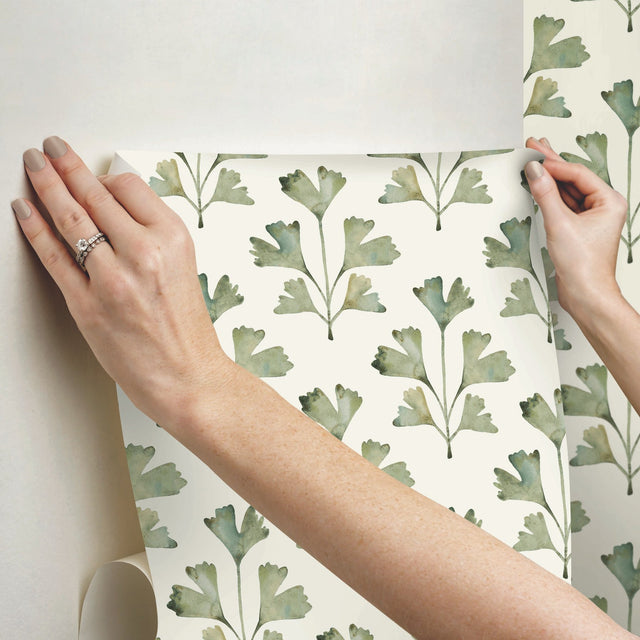 Cat Coquillette Gingko Almond Peel & Stick Wallpaper with Botanical Watercolor Leaves - York RMK12641PL