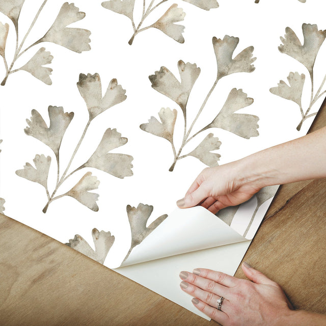Cat Coquillette Gingko Neutral Peel & Stick Wallpaper with Botanical Watercolor Leaves - York RMK12642PL