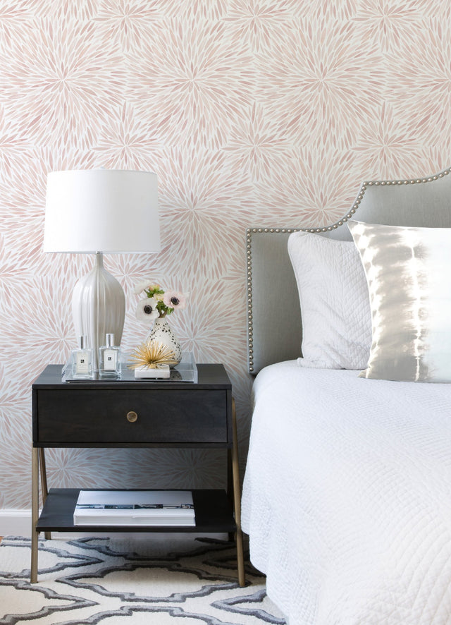 Cat Coquillette Burst Pink Peel & Stick Wallpaper with Botanical Sunburst Watercolor Motif - York RMK12643PL