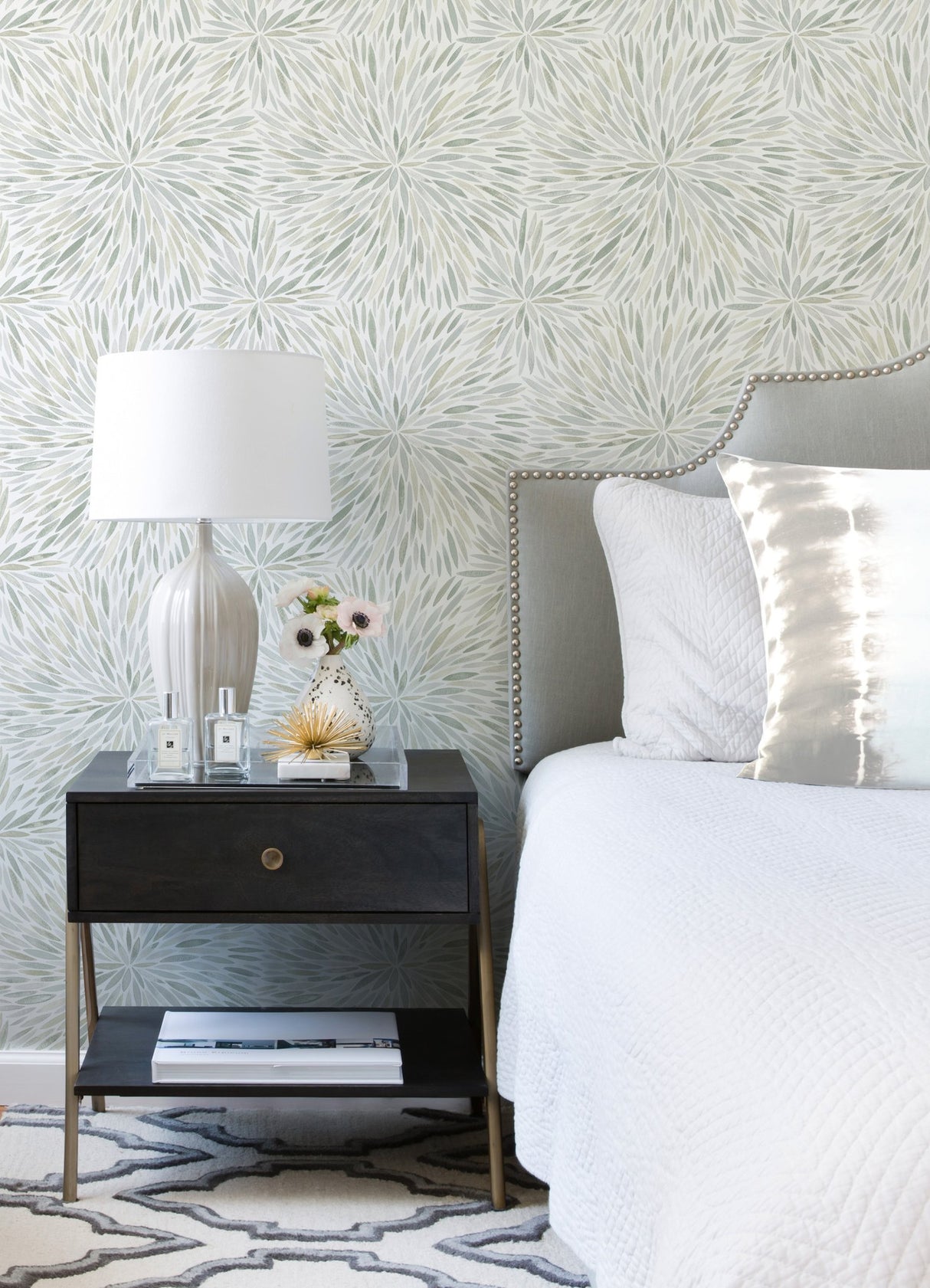 Cat Coquillette Burst Green Peel & Stick Wallpaper with Botanical Sunburst Motif - York RMK12644PL