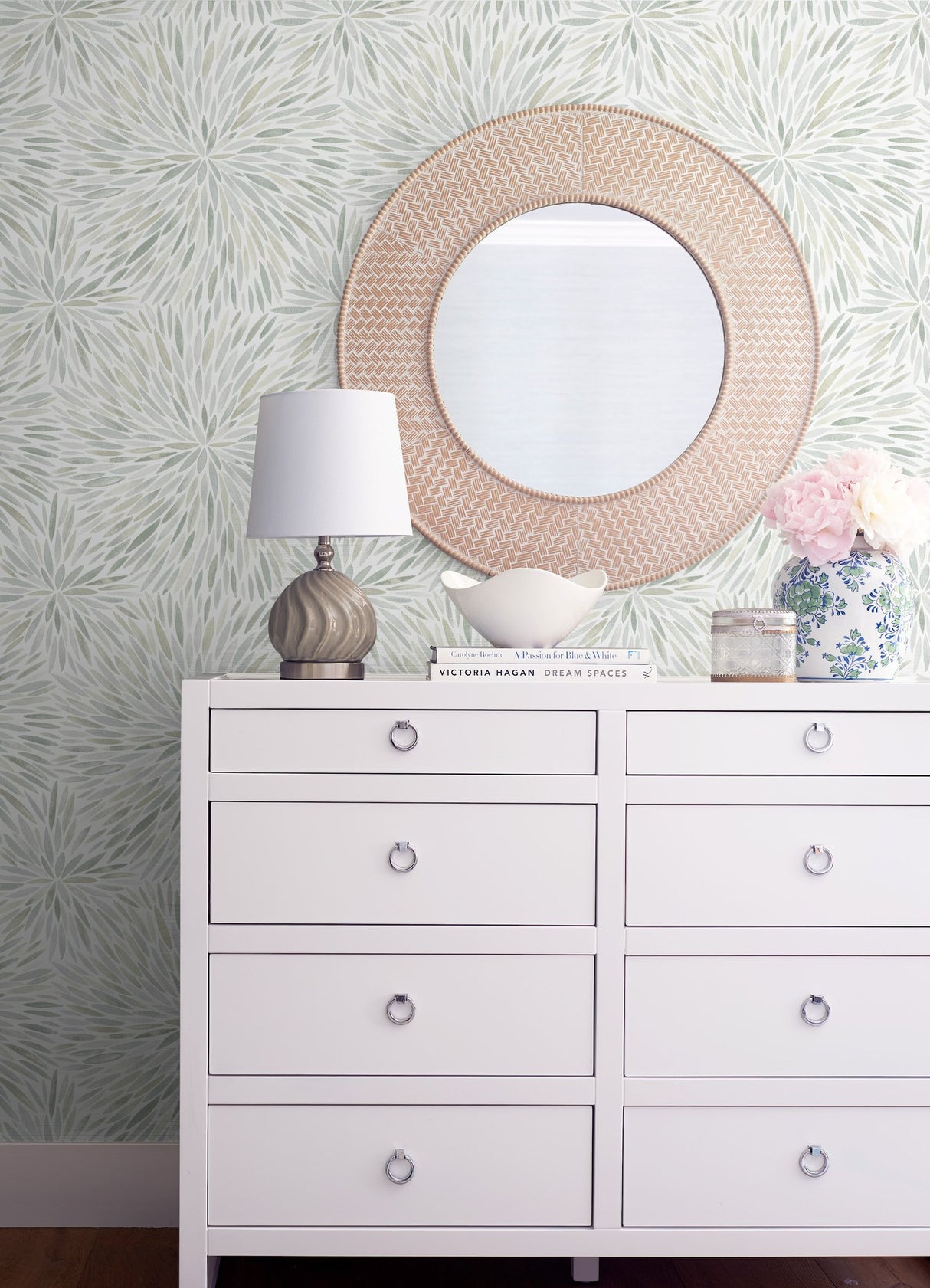 Cat Coquillette Burst Green Peel & Stick Wallpaper with Botanical Sunburst Motif - York RMK12644PL