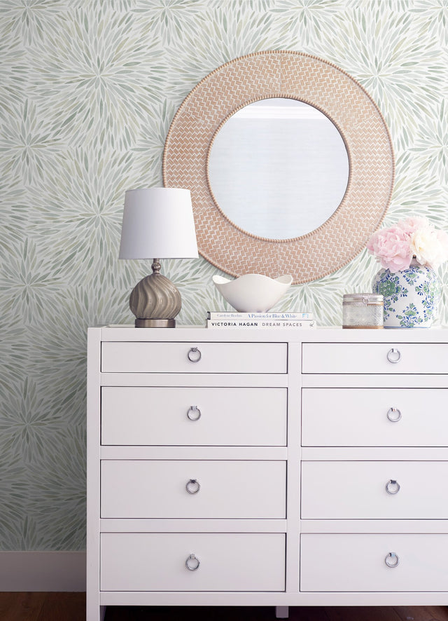 Cat Coquillette Burst Green Peel & Stick Wallpaper with Botanical Sunburst Motif - York RMK12644PL