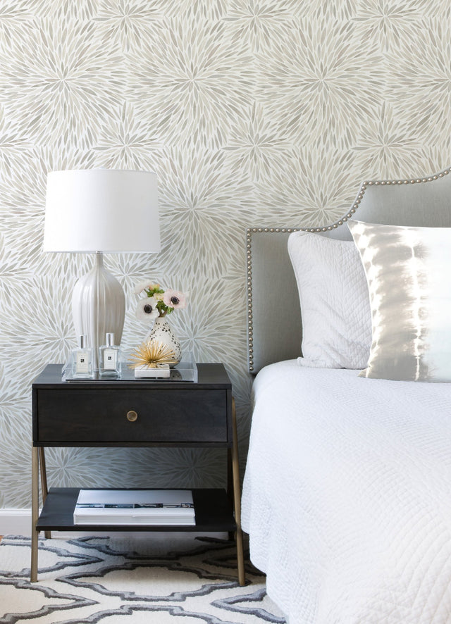 Cat Coquillette Burst Neutral Peel & Stick Wallpaper with Botanical Sunburst Motif - York RMK12645PL