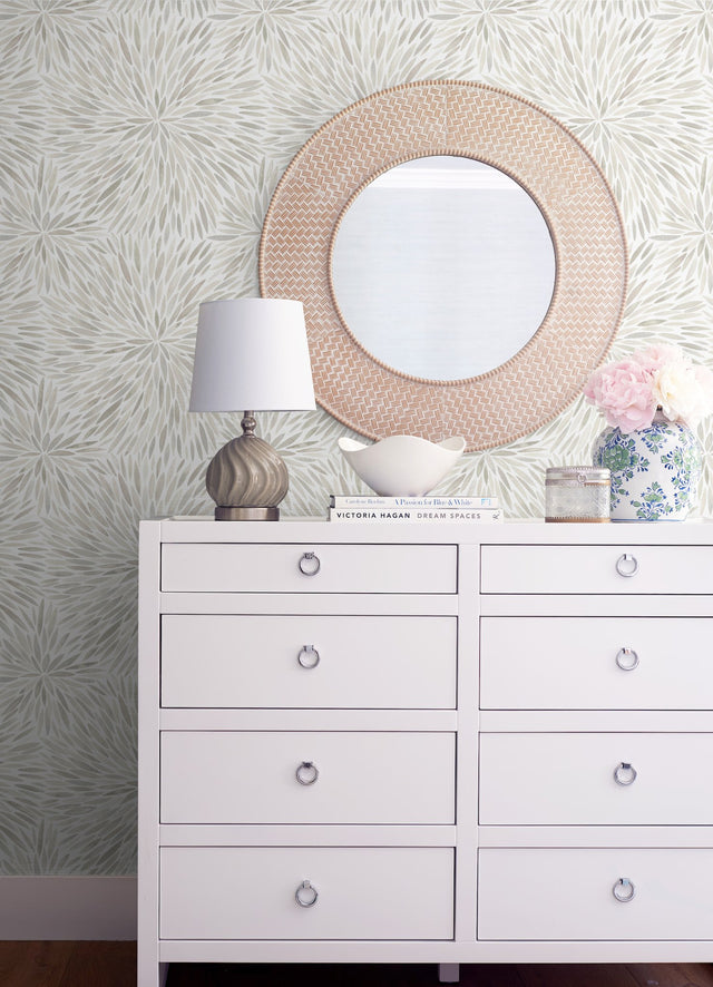 Cat Coquillette Burst Neutral Peel & Stick Wallpaper with Botanical Sunburst Motif - York RMK12645PL