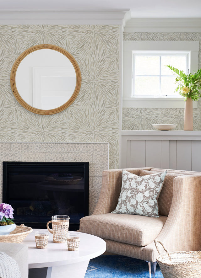 Cat Coquillette Burst Neutral Peel & Stick Wallpaper with Botanical Sunburst Motif - York RMK12645PL