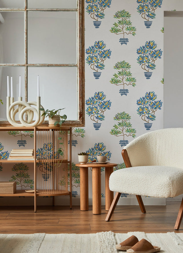 Cat Coquillette Bonsai Green/Blue Peel & Stick Wallpaper with Botanical Bonsai Motif - York RMK12647RL