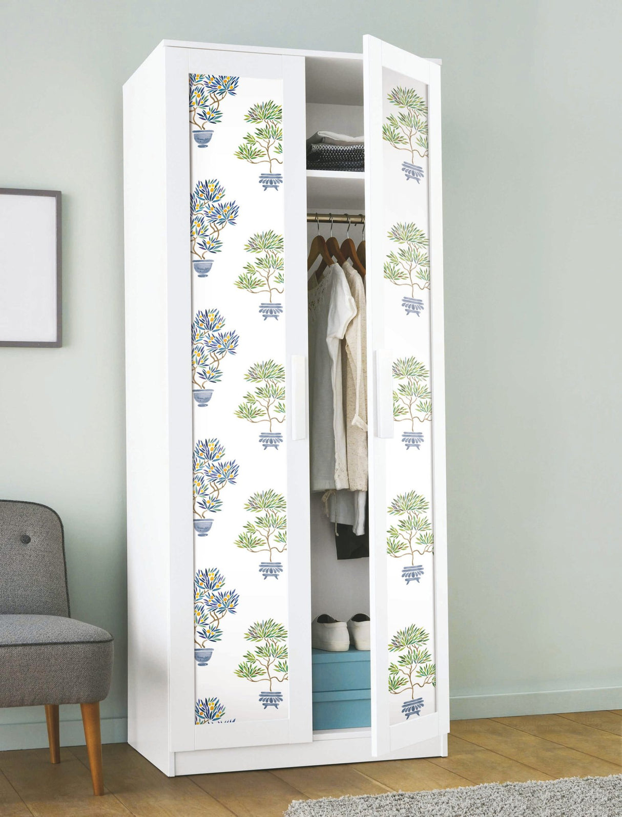 Cat Coquillette Bonsai Green/Blue Peel & Stick Wallpaper with Botanical Bonsai Motif - York RMK12647RL