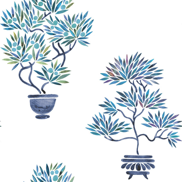 Cat Coquillette Bonsai Blue Peel & Stick Wallpaper with Botanical Bonsai Tree Motif - York RMK12648RL