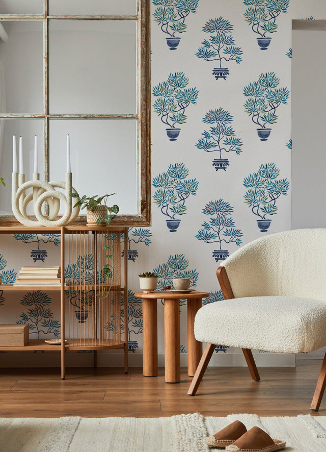 Cat Coquillette Bonsai Blue Peel & Stick Wallpaper with Botanical Bonsai Tree Motif - York RMK12648RL