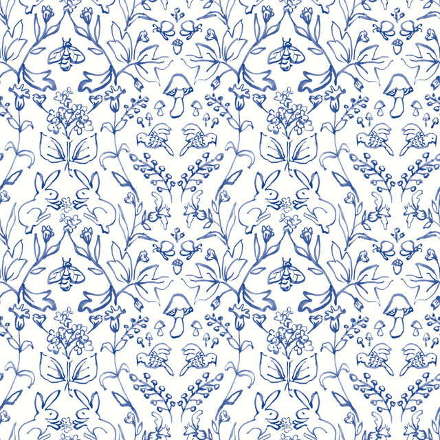Meadow Blue Peel & Stick Wallpaper with Botanical Damask in Farmhouse Style - York RMK12663RL