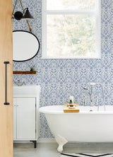 Meadow Blue Peel & Stick Wallpaper with Botanical Damask in Farmhouse Style - York RMK12663RL