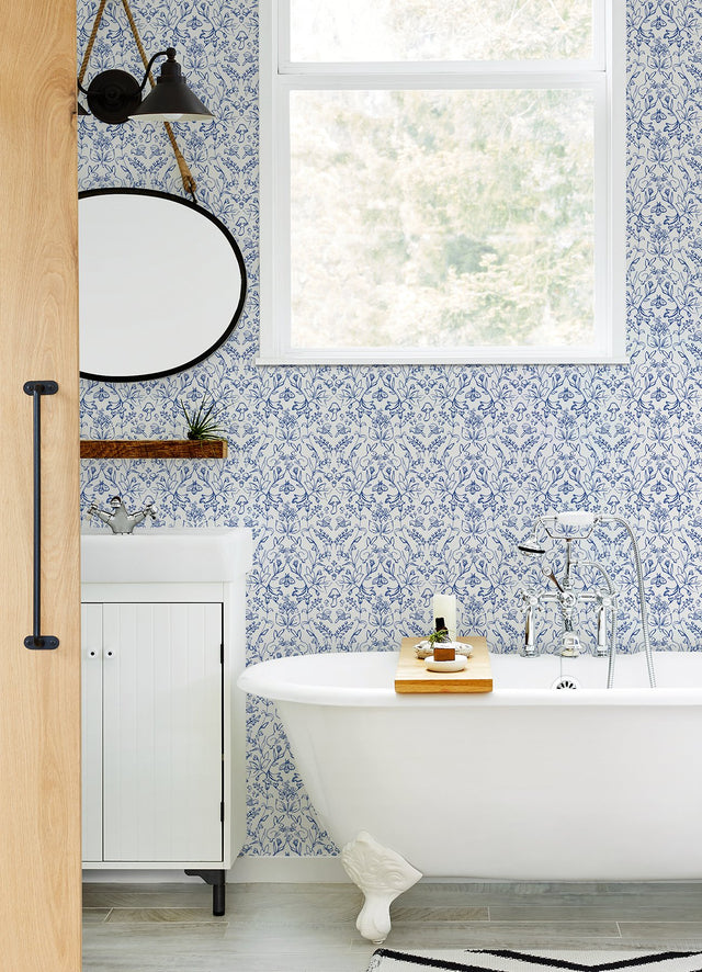 Meadow Blue Peel & Stick Wallpaper with Botanical Damask in Farmhouse Style - York RMK12663RL