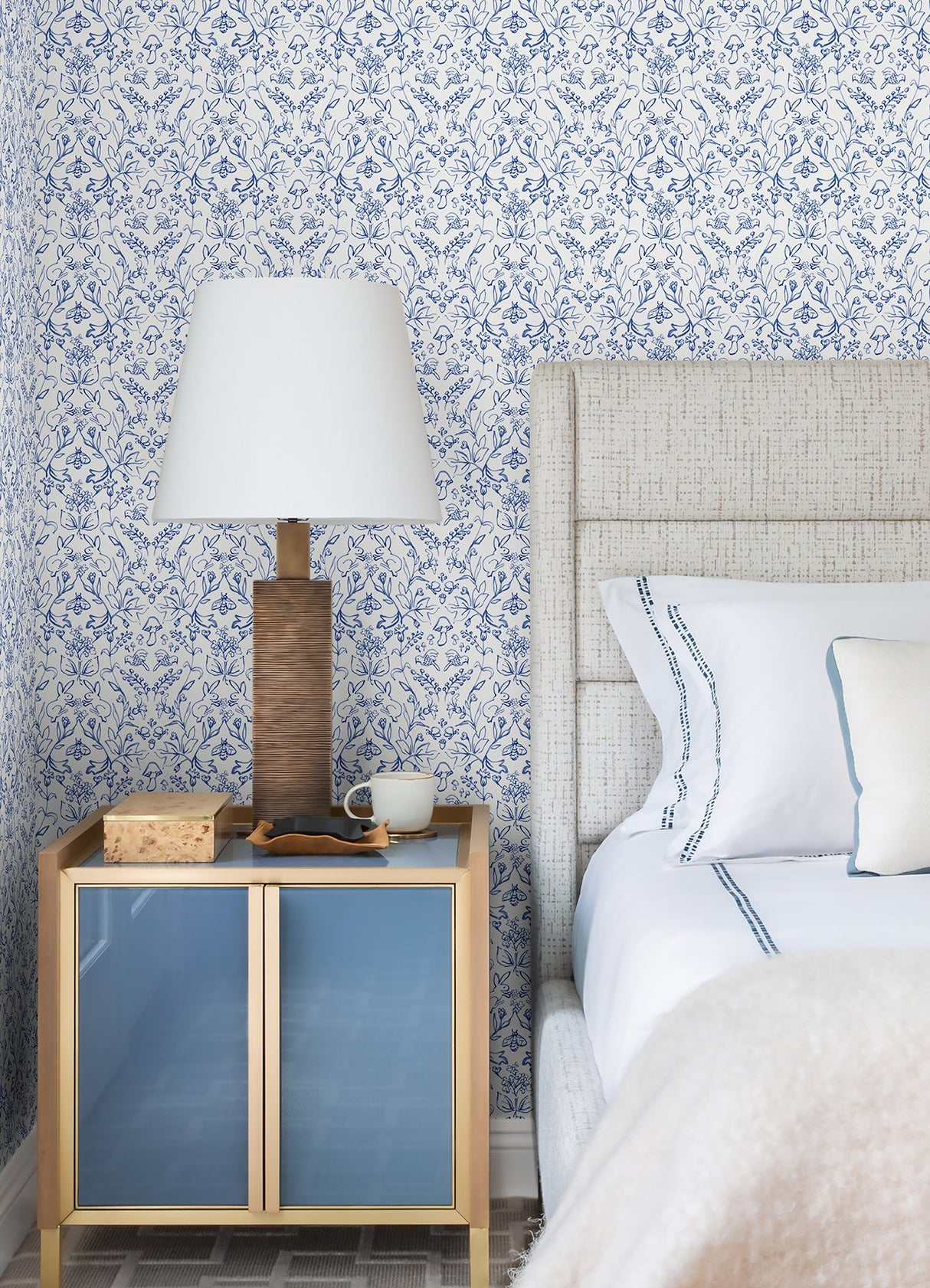 Meadow Blue Peel & Stick Wallpaper with Botanical Damask in Farmhouse Style - York RMK12663RL
