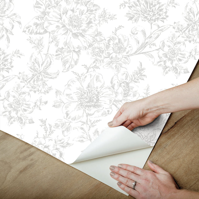 Wren Grey Peel & Stick Wallpaper with Floral Trail Pattern - York RMK12664RL
