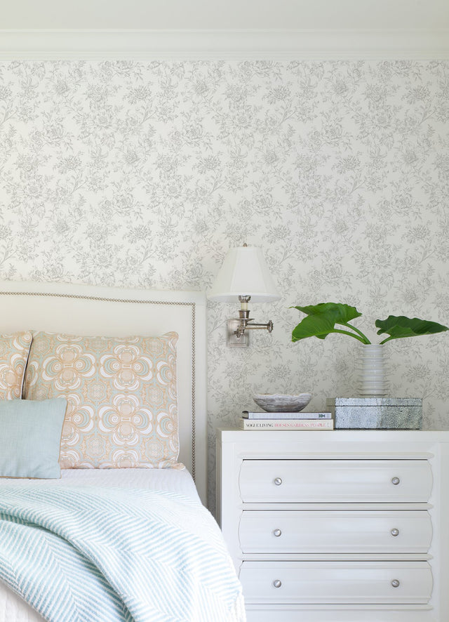Wren Grey Peel & Stick Wallpaper with Floral Trail Pattern - York RMK12664RL