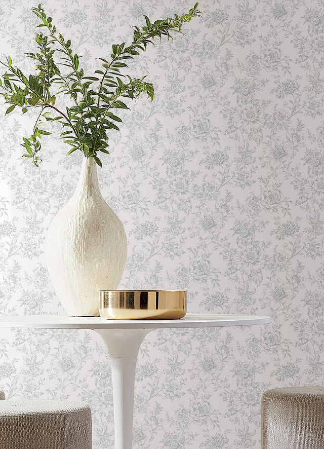 Wren Grey Peel & Stick Wallpaper with Floral Trail Pattern - York RMK12664RL