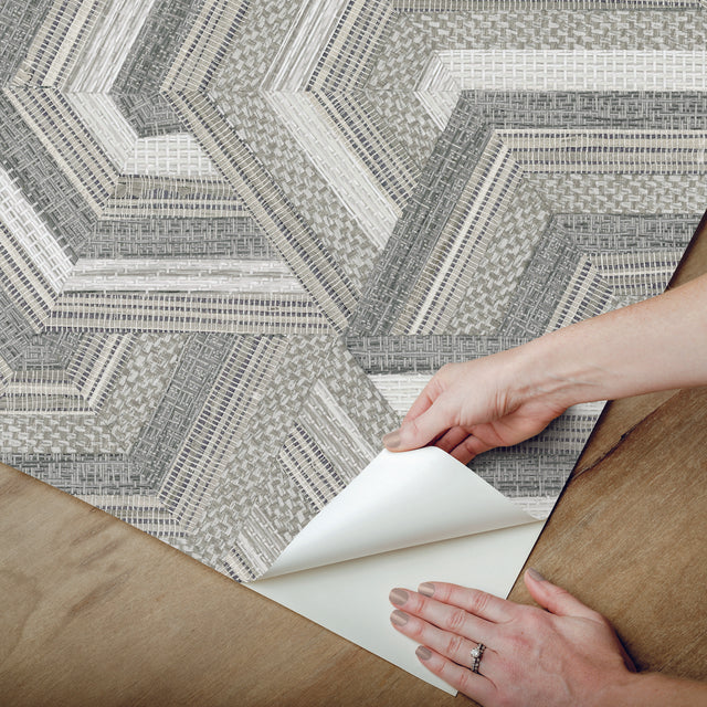 Geo Puzzle Neutral Faux Grasscloth Peel & Stick Wallpaper with Modern Graphic Motif - York RMK12677RL