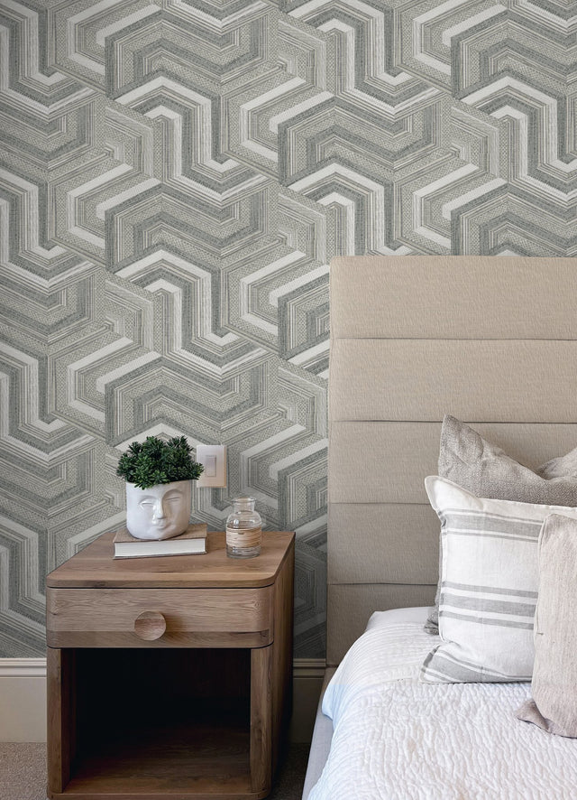 Geo Puzzle Neutral Faux Grasscloth Peel & Stick Wallpaper with Modern Graphic Motif - York RMK12677RL