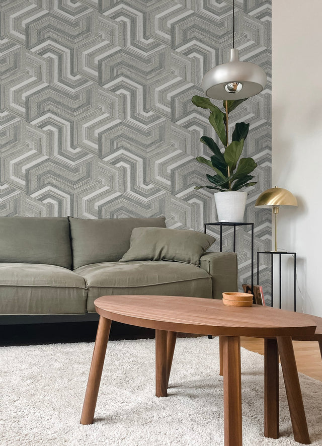 Geo Puzzle Neutral Faux Grasscloth Peel & Stick Wallpaper with Modern Graphic Motif - York RMK12677RL