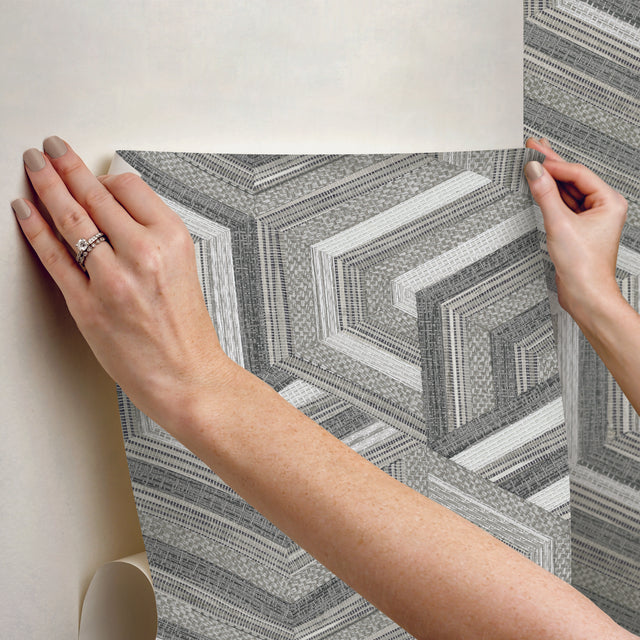 Geo Puzzle Neutral Faux Grasscloth Peel & Stick Wallpaper with Modern Graphic Motif - York RMK12677RL